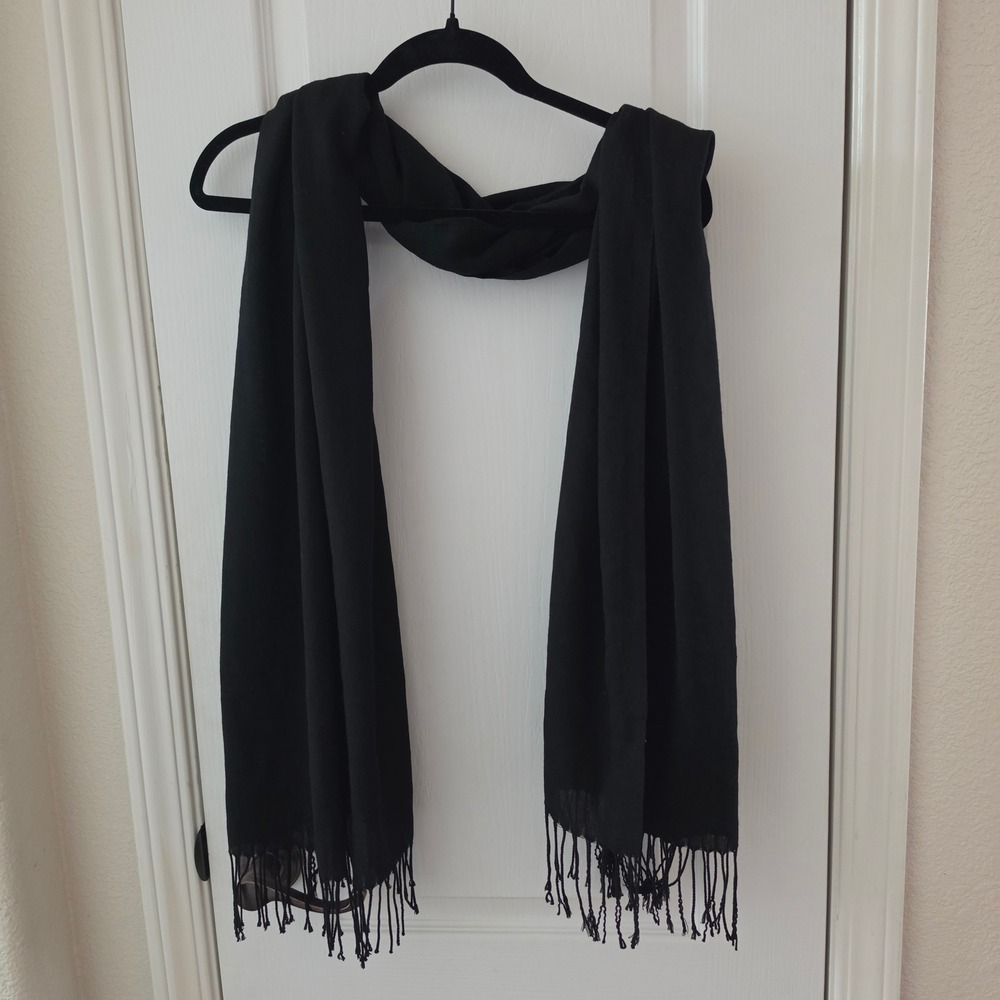 Black Viscose Scarf Fringe Trim Pashmina Shawl Wrap 66 Inch Long